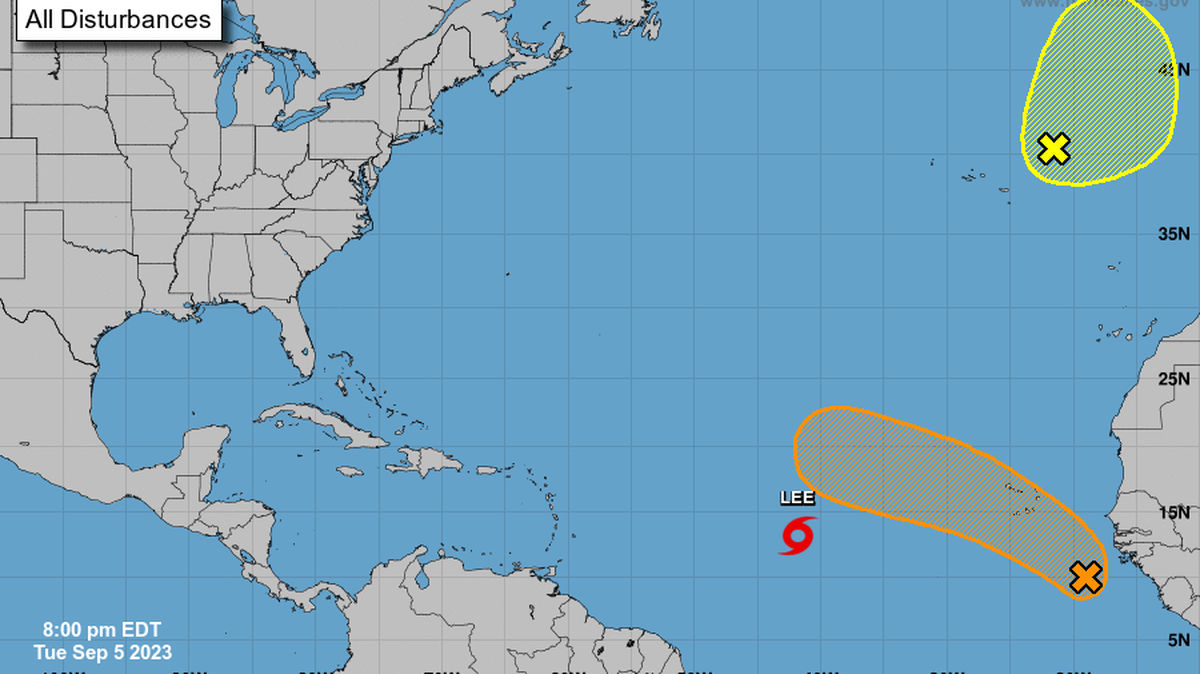 The National Hurricane Center was monitoring Tropical Storm Lee and two other systems in the Atlantic Ocean on Tuesday, Sept. 5, 2023.