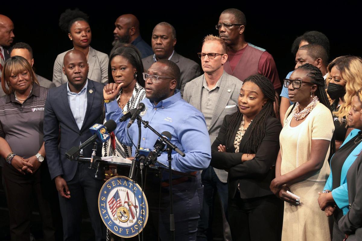 State Sen. Shevrin Jones speaks at a press conference about congressional districts, where Jones and other speakers called out Gov. Ron DeSantis for intentionally wanting to limit the number of majority-Black districts.