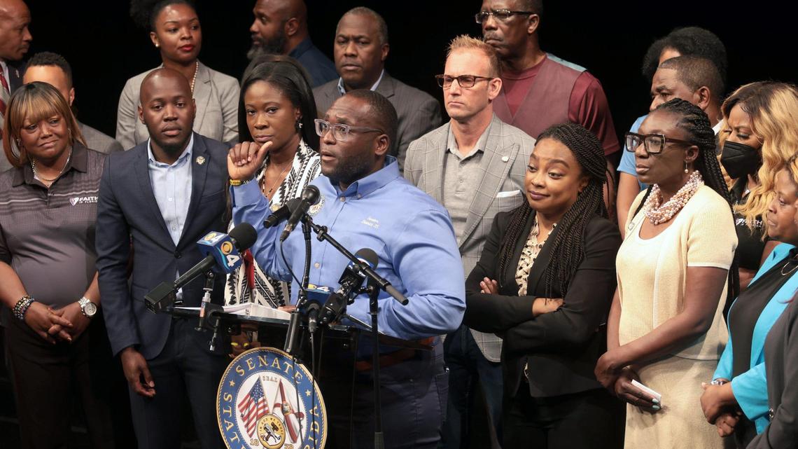 Sen. Shevrin Jones at a press conference about congressional districts on Monday, where Jones and other speakers called out Gov. Ron DeSantis for intentionally wanting to limit the number of majority-Black districts.