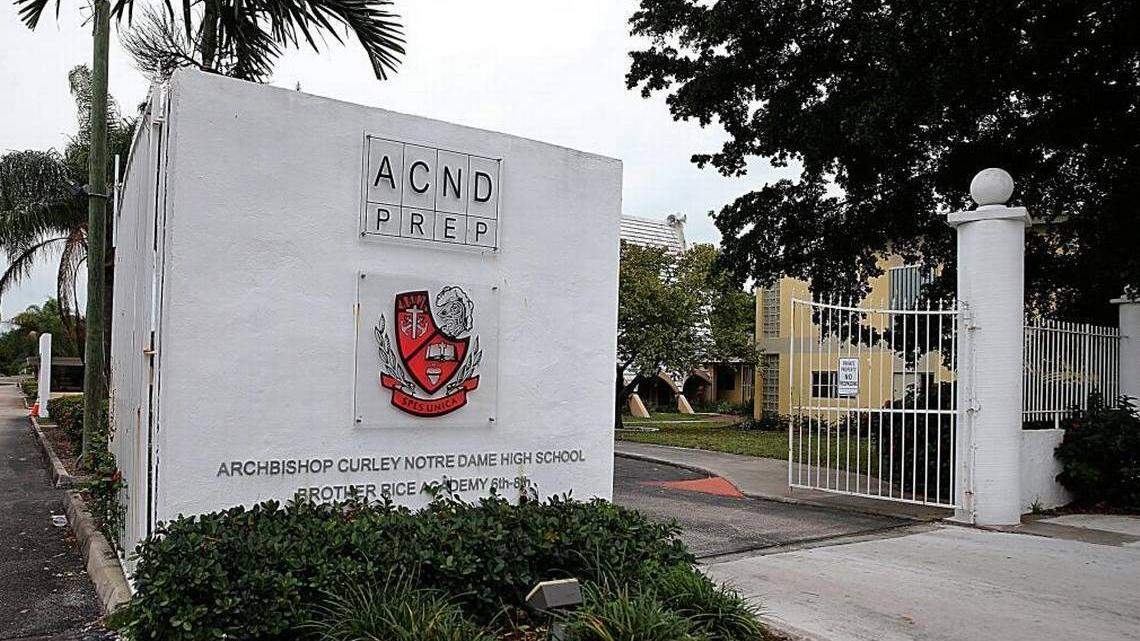The former entrance to Archbishop Curley-Notre Dame High School, which closed after the 2017 academic year. The 15-acre campus is being purchased by Triple Five, the Canada-based developer behind the American Dream Miami mall theme park proposed for Northwest Miami-Dade County.