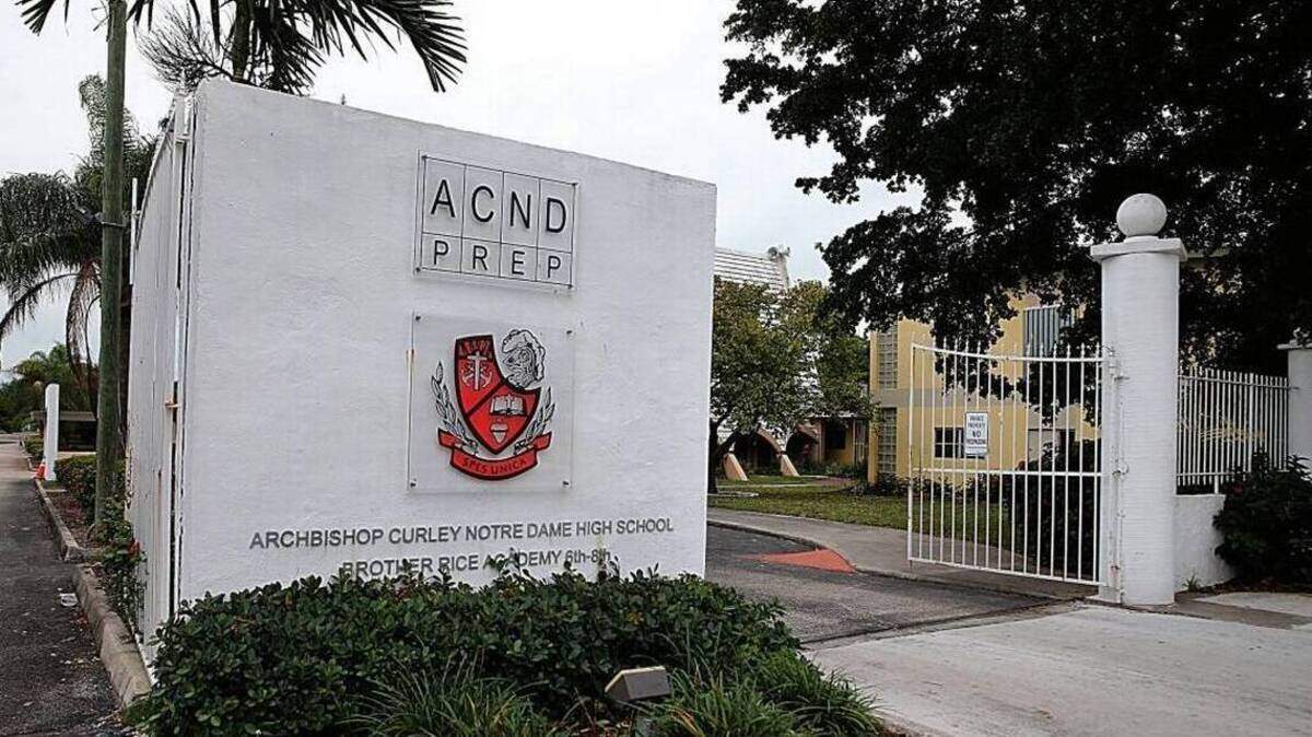 The former entrance to Archbishop Curley-Notre Dame High School, which closed after the 2017 academic year. The 15-acre campus is being purchased by Triple Five, the Canada-based developer behind the American Dream Miami mall theme park proposed for Northwest Miami-Dade County.