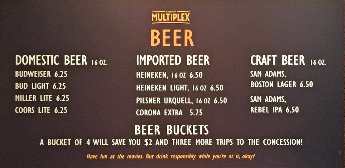 Beer by the bucket for sale at the movies on Carnival Horizon.