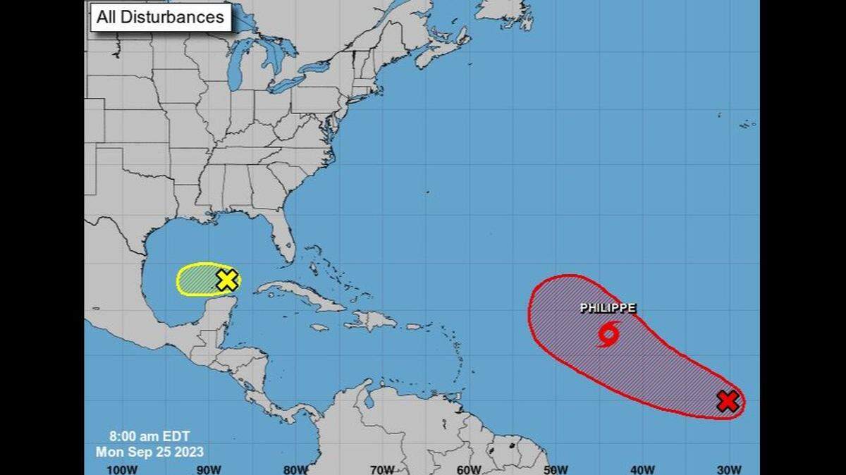 The weather systems in the Atlantic Ocean and the Gulf of Mexico, as of the 8 a.m., Monday, Sept. 25, advisory.