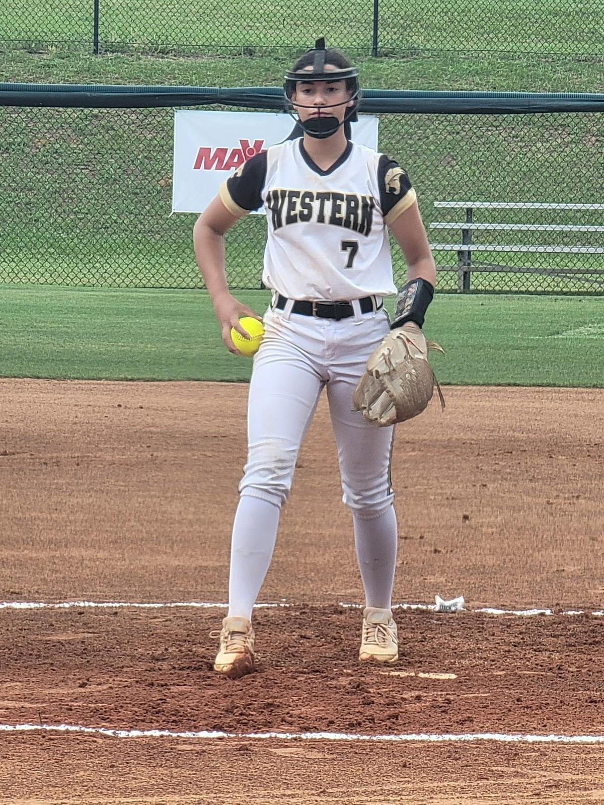 Western freshman pitcher Ali Solo returns to the pitching circle after a near two-and-a-half hour rain delay in Friday’s Class 7A state semifinal in Clermont against Lakewood Ranch.