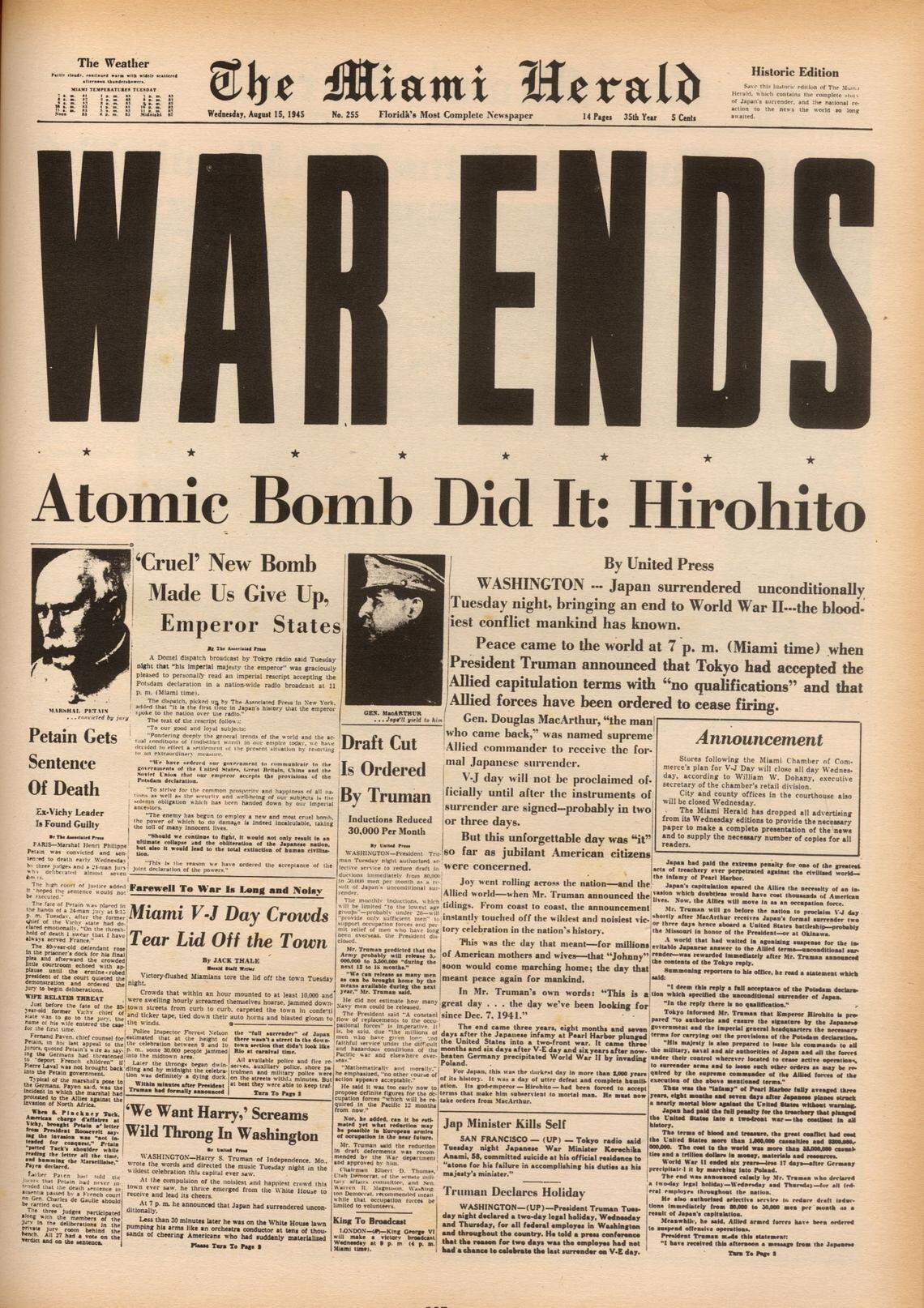 End of WWII, Aug. 15, 1945.