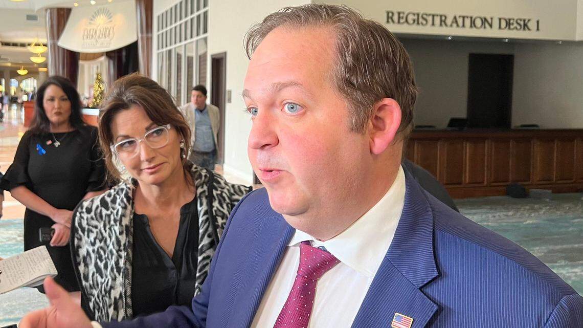 Florida GOP Vice Chair Evan Power speaks to reporters after an emergency meeting Sunday where Chair Christian Ziegler was stripped of his authority amid a rape allegation.