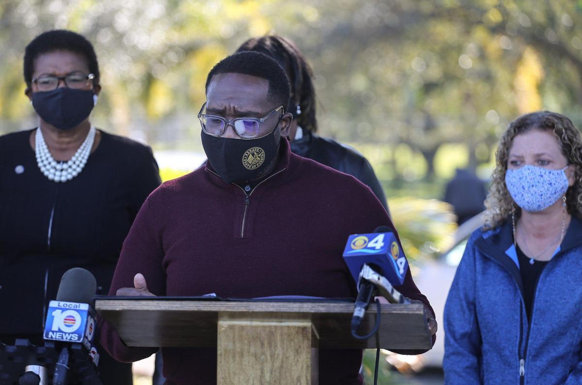 State Senator Shevrin Jones gives his remarks during press conference and vaccination event on Sunday, January 10, 2021. Florida Division of Emergency Management, in partnership with Senator Shevrin Jones, hosted a COVID-19 vaccination event for seniors 65 and older to increase immunity and protect the health of South Florida’s most vulnerable residents at the Koinopnia Worship Center and Village in Pembroke Park, Florida. Left to Right: State Representative Marie Woodson, State Senator Shevrin Jones, and U.S. Congresswoman Debbie Wasserman Schultz.