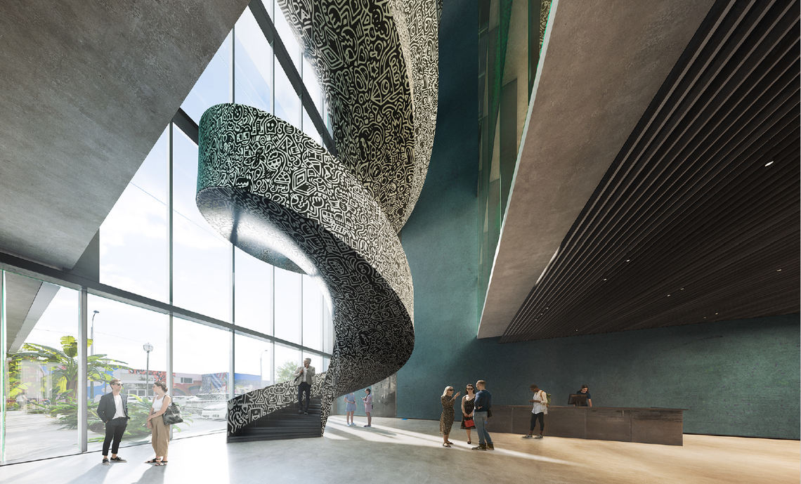 A rendering of the lobby of CORE Wynwood. The project will house several amenities, including a garage, valet parking, 24-hour building security, a full-time concierge, bike storage and electronic charging stations.