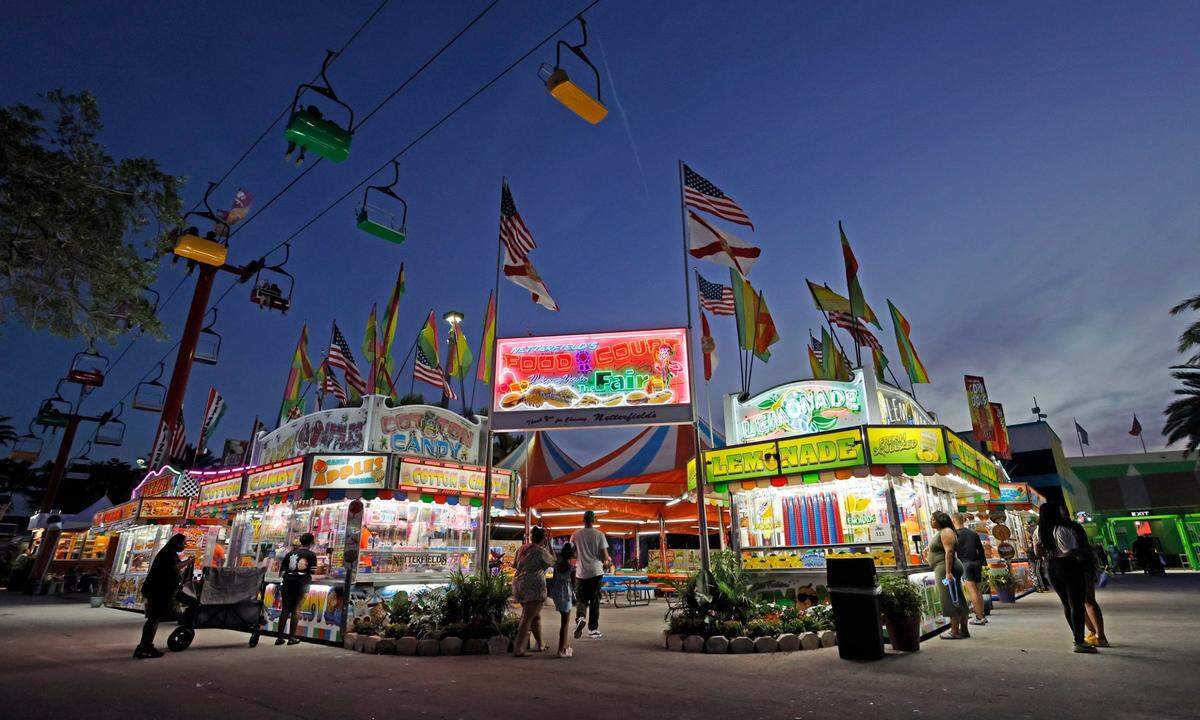 The Food Court at nightfall during the 2024 Miami-Dade County Youth Fair & Exposition. The theme of the 72nd edition is “Spaceventure,” held in Miami on Thursday, March 14, 2024.
