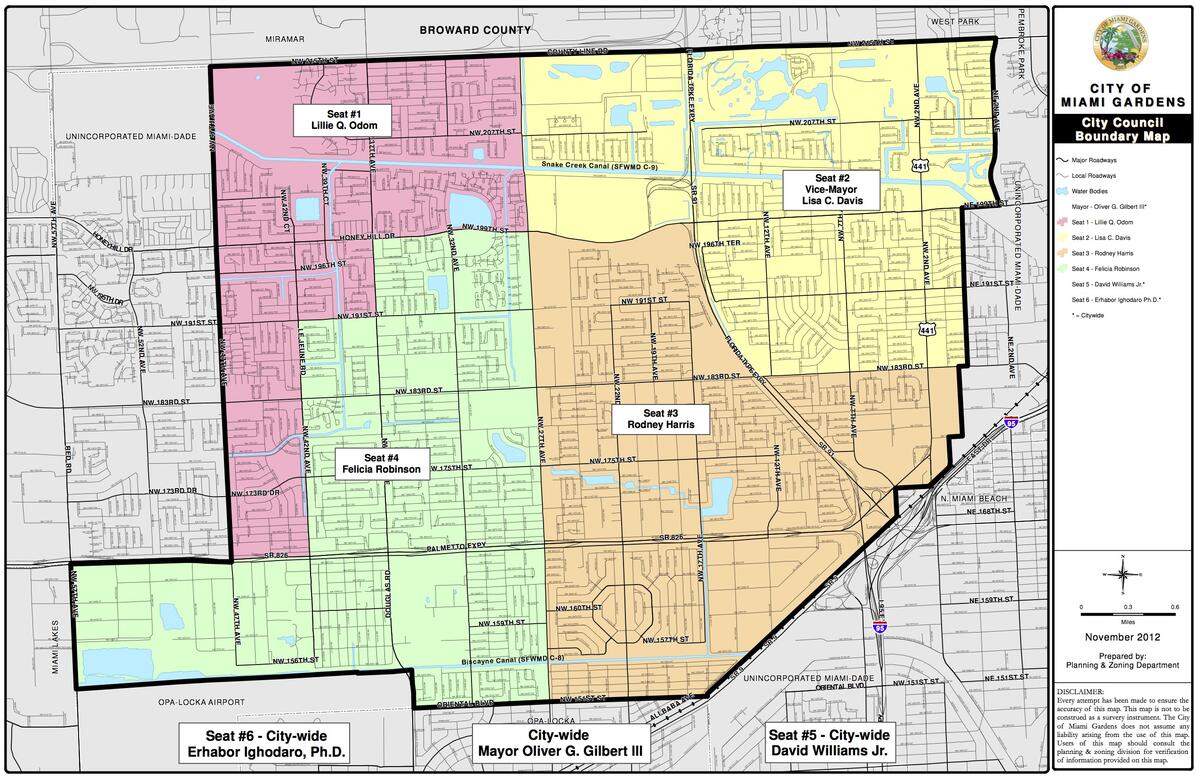 Miami Gardens City Commission districts and their commissioners as of Aug. 2018.