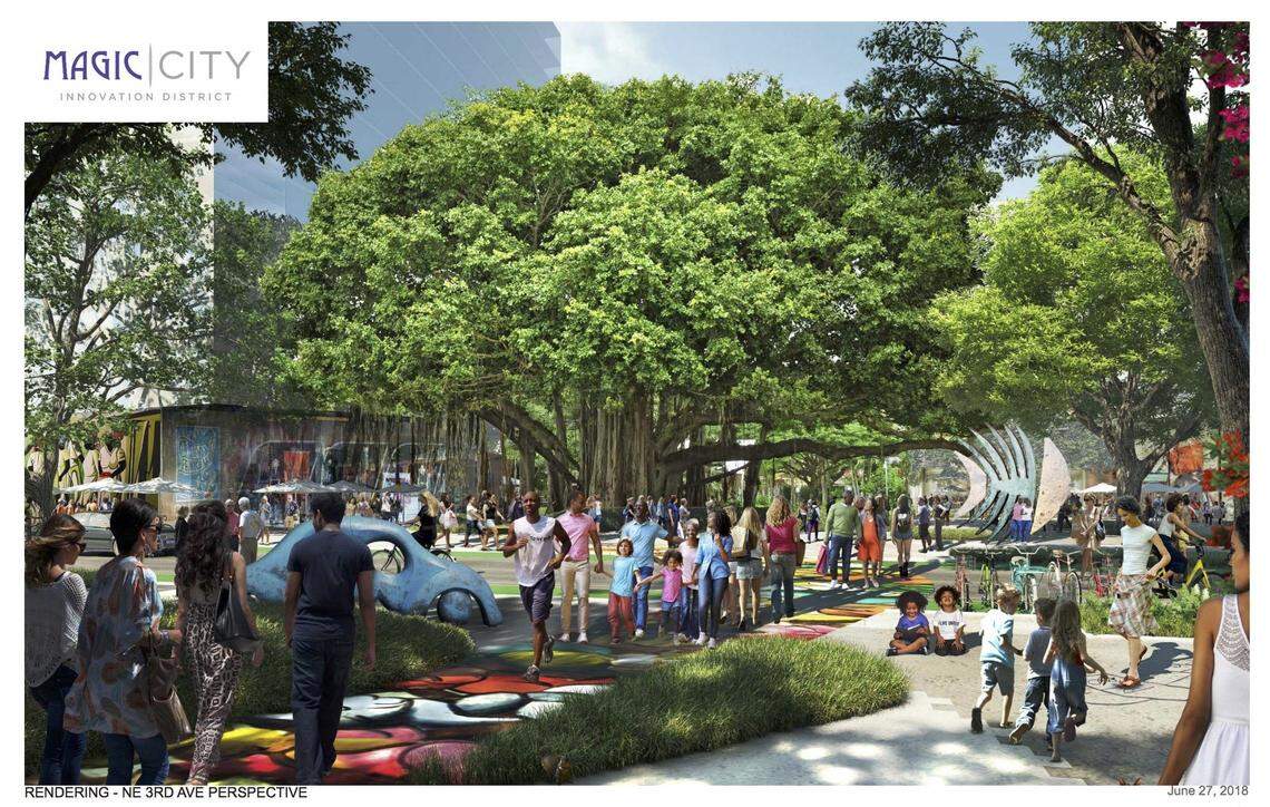 A conceptual rendering depicts the Northeast Third Avenue entrance of the Magic City Innovation District development in Miami’s Little Haiti neighborhood.