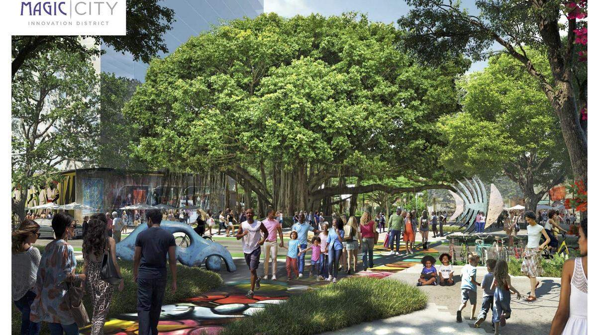 A conceptual rendering depicts the Northeast Third Avenue entrance of the Magic City Innovation District development in Miami’s Little Haiti neighborhood.