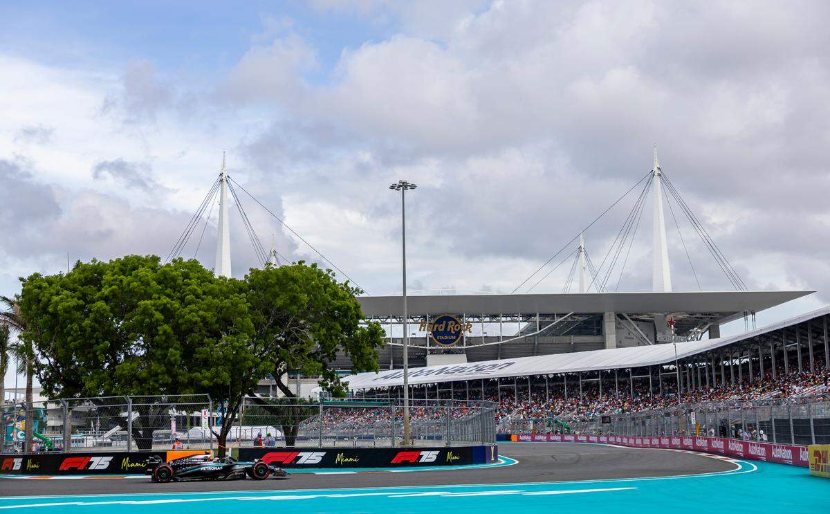 Mercedes driver Andrea Kimi Antonelli of Italy takes a turn during a Race Qualifying session on the second day of the Formula One Miami Grand Prix at the Miami International Autodrome on Saturday, May 3, 2025, in Miami Gardens, Fla.