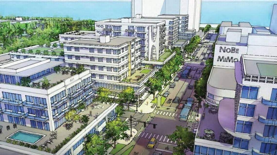 An architectural rendering showing the vision for a redeveloped “Town Center” along 71st Street in the  North Beach section of Miami Beach.