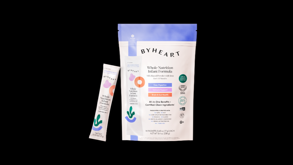 ByHeart Whole Nutrition Infant Formula in bags and with single serve sticks.