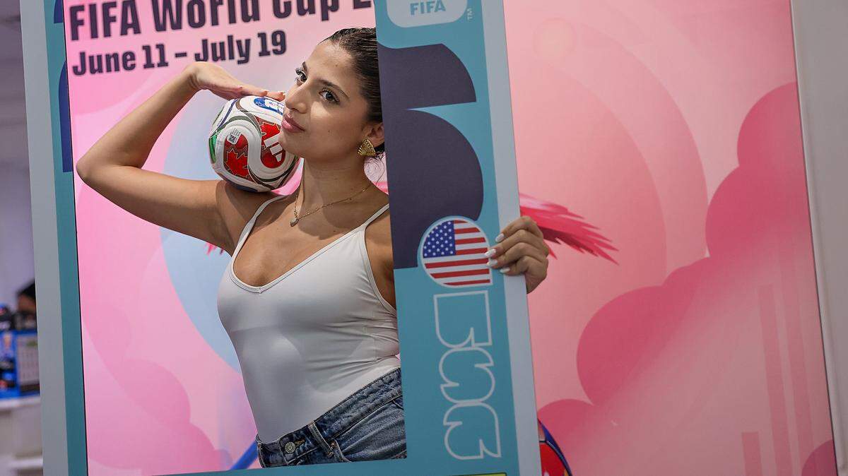 Ludmila Soleimani, 23, strikes a pose as influencers and creators from Miami and around the world attended a private shopping experience during the 2026 grand opening of the official FIFA World Cup store on Lincoln Road Mall in Miami Beach, Florida.