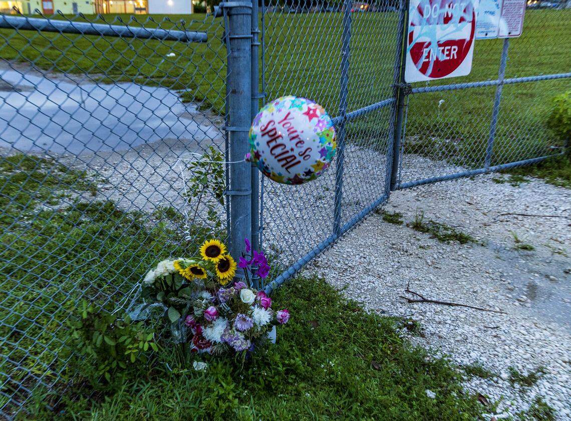 Flowers laid by the family and friends of Doreen Broadbelt, who was killed in an apparent dog attack that occurred in the area of Northwest 14th Court and Northwest 196th Terrace, in Miami Gardens as she was walking to her job at Walmart, on Labor Day, on Wednesday September 03, 2025.