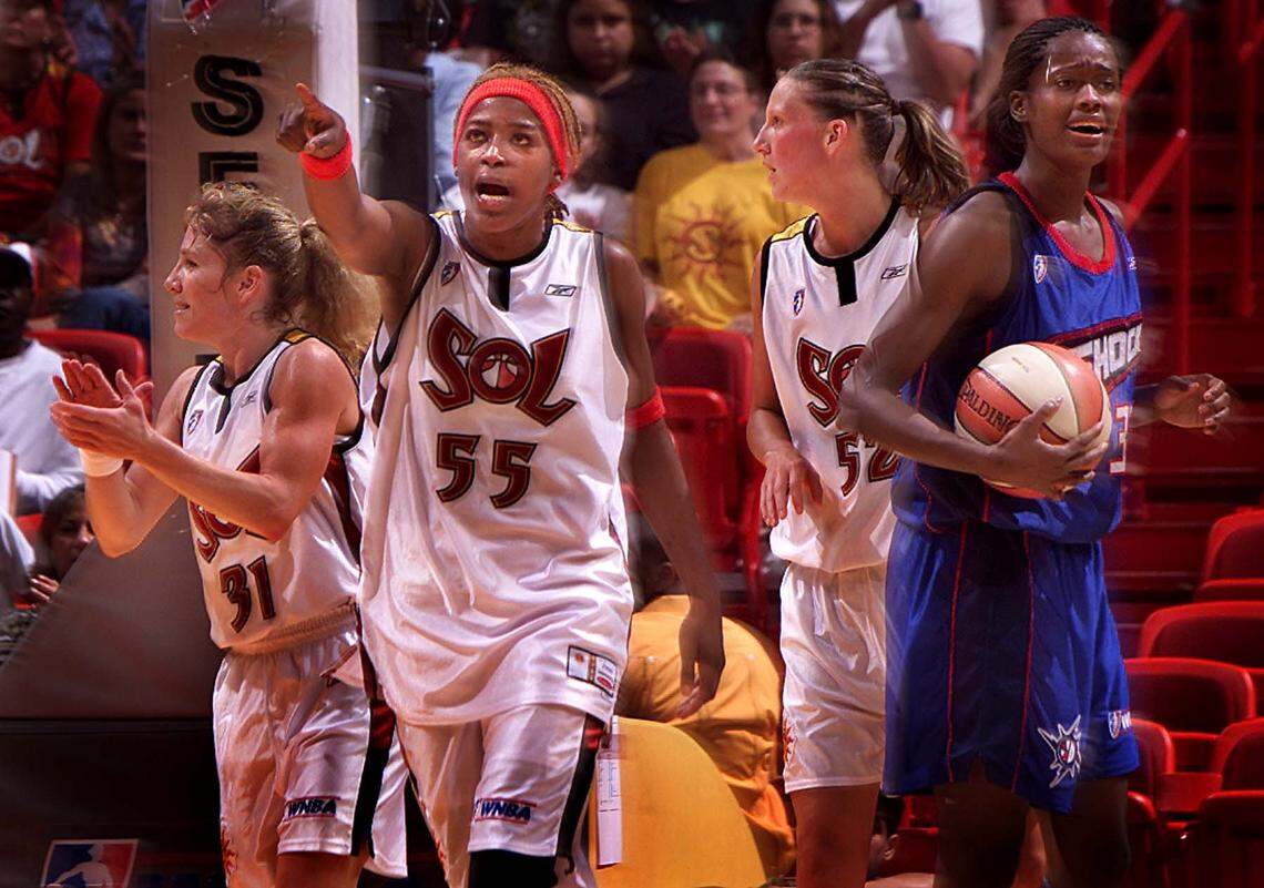 The Detroit Shock vs. the Miami Sol at the then AmericanAirlines Arena in 2002t. The Sol’s Sheri Sam celebrates after after the Shock gets called on a foul in the first half. Miami won the final game of the season, 61-56.