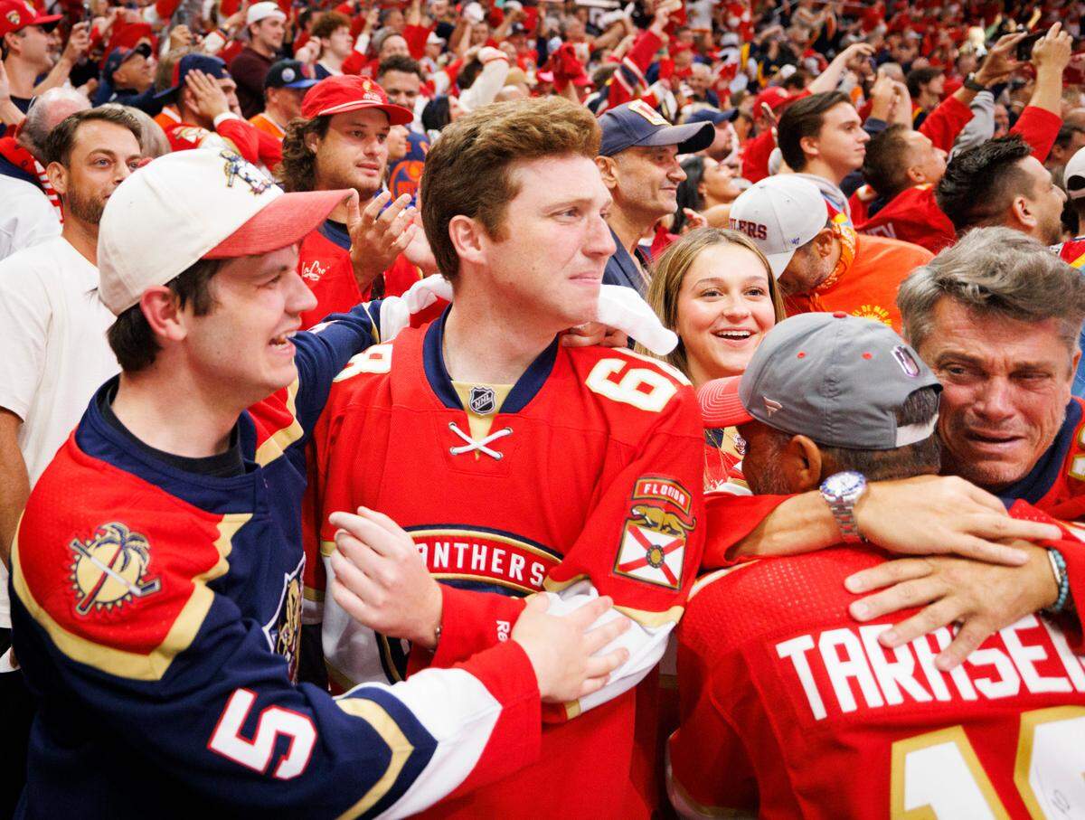 Fans cry after the Florida Panthers won Game 7 of the NHL Stanley Cup Final against the Edmonton Oilers at the Amerant Bank Arena on Monday, June 24, 2024 in Sunrise, Fla.