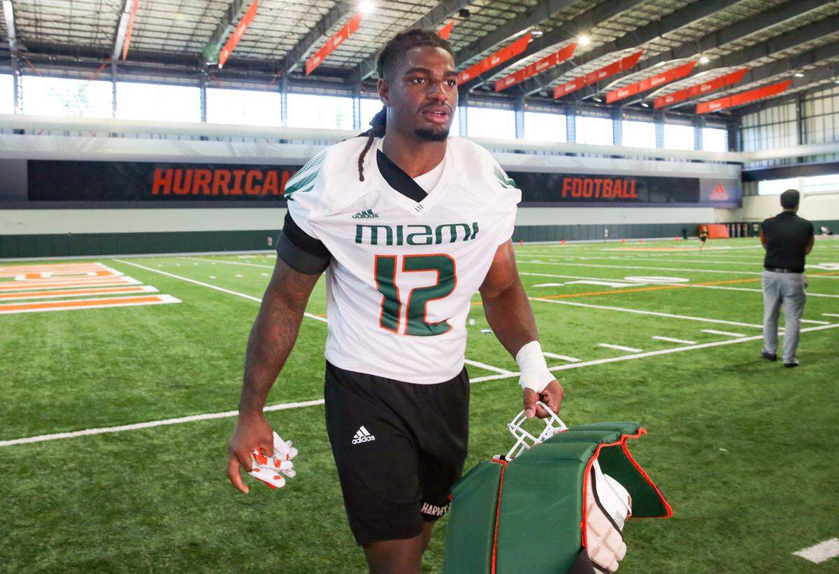 Miami Hurricanes defensive lineman Jahfari Harvey leaves after speaking to reporters at the Carol Soffer Indoor Practice Facility at the University of Miami in Coral Gables on Friday, August 5, 2022.
