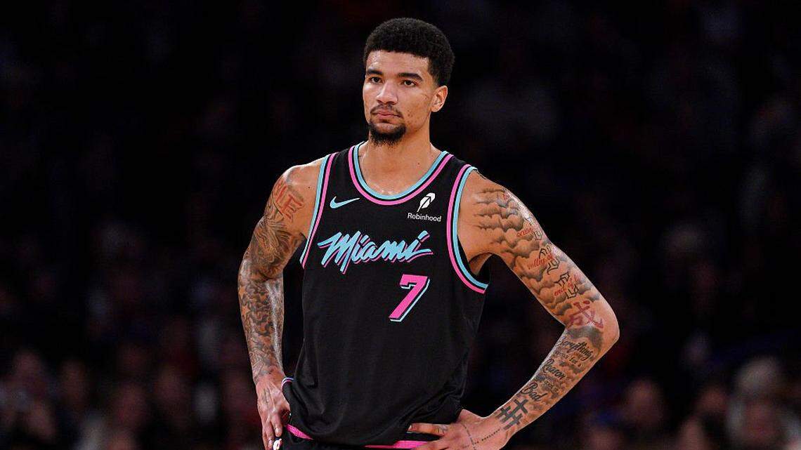 Kel’el Ware #7 of the Miami Heat looks on in the second half against the New York Knicks at Madison Square Garden on December 21, 2025 in New York City.