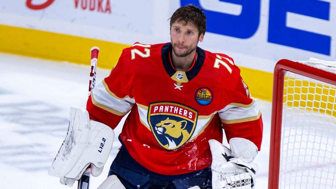 Florida Panthers goalie Sergei Bobrovsky (72) stand with his helmet off after a play during an NHL game against the Tampa bay Lightning at FLA Live Arena in Sunrise, Florida, on Friday, October 21, 2022.