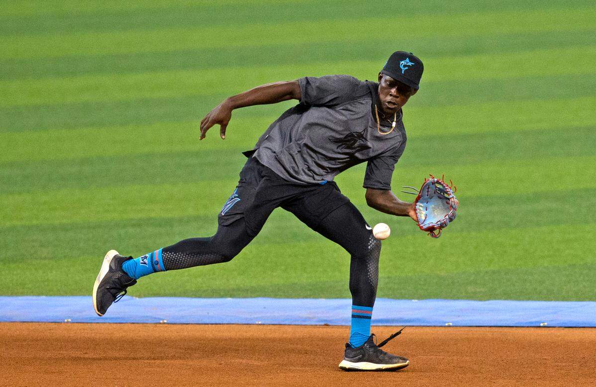 Miami Marlins infielder Jazz Chisholm eyes on the ball as he fields during practice before the start of a baseball game against the Toronto Blue Jays at at Marlins Park in Miami on Wednesday, September 2, 2020.