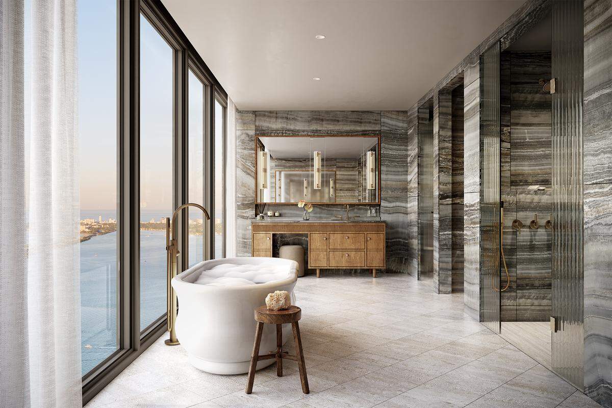 A 3,000-square-foot residence, the smallest condo in the building, will cost $4.5 million. Above: A rendering of a bathroom in The Villa.