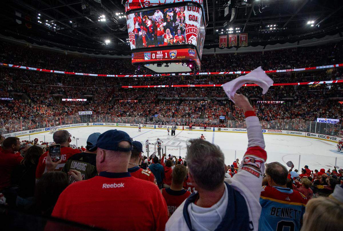Florida Panthers fans show their support after Panthers center Sam Bennett (9) after scoring a goal against the New York Rangers during the first period of Game 6 during the Eastern Conference finals of the NHL hockey Stanley Cup playoffs at the Amerant Bank Arena on Saturday, June 1, 2024, in Sunrise, Fla.