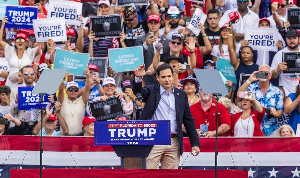 Florida U.S. Senator Marco Rubio waves to supporters before speaking at aTrump rally at the Trump National Doral Miami.