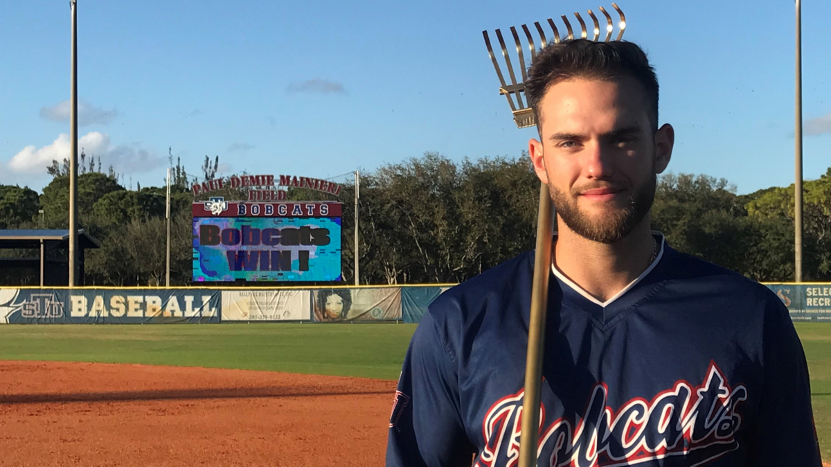 St. Thomas University catcher/outfielder Nelson Mompierre, who leads the team with eight Golden Rake awards this season.