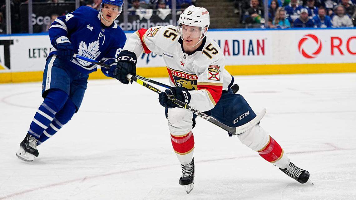 Florida Panthers forward Anton Lundell (15) skates to the corner as Toronto Maple Leafs forward David Kampf (64) looks on during the second period of game two of the second round of the 2023 Stanley Cup Playoffs at Scotiabank Arena.