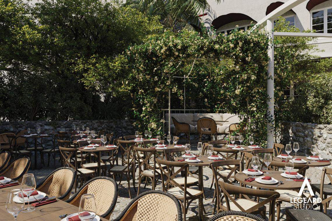 A rendering shows the outdoor garden at Le Jardin Boucherie, coming to Miami Beach.