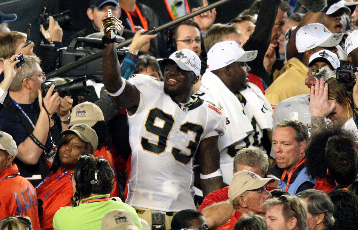 New Orleans Saints’ Bobby McCray celebrates after the Saints defeated the Indianapolis Colts 31-17 to win Super Bowl XLIV on Sunday February 7, 2010 at Sun Life Stadium in Miami, Florida.