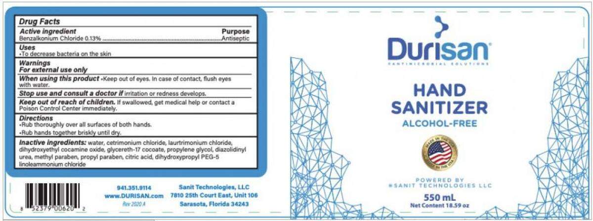 The label for 550 ml bottles of Durisan hand sanitizer