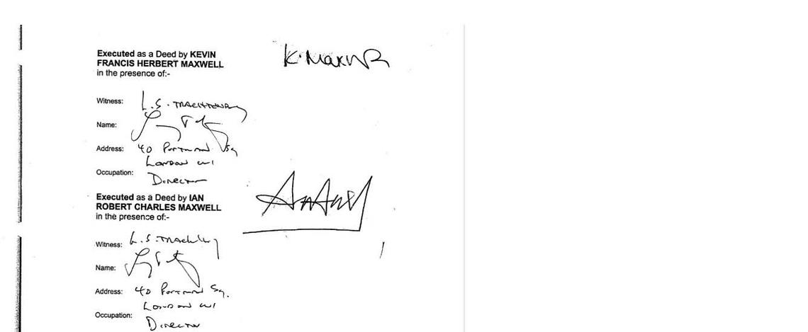 Document contained in La Hougue files showing Kevin and Ian Maxwell’s signatures.