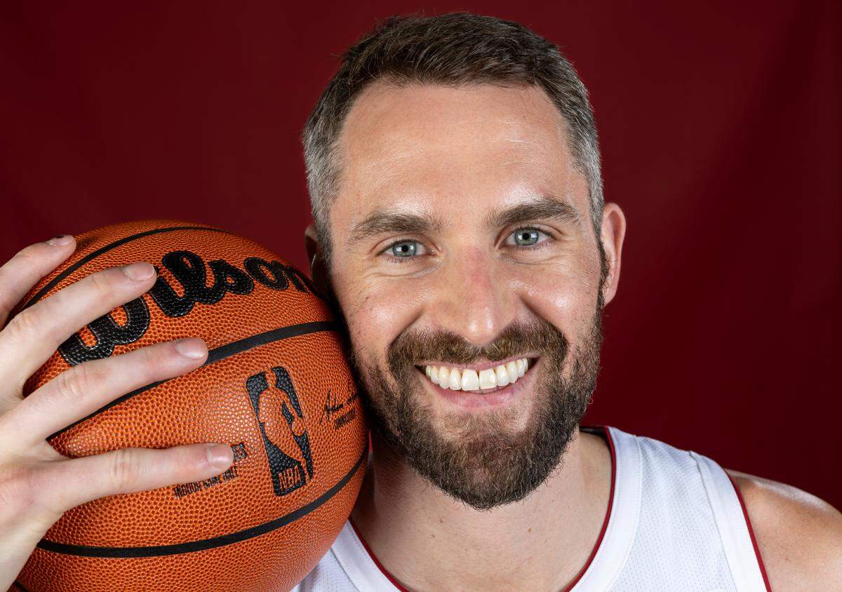 Miami Heat forward Kevin Love (42) is photographed during team Media Day at the Kaseya Center on Monday, Oct. 2, 2023, in Miami, Fla.