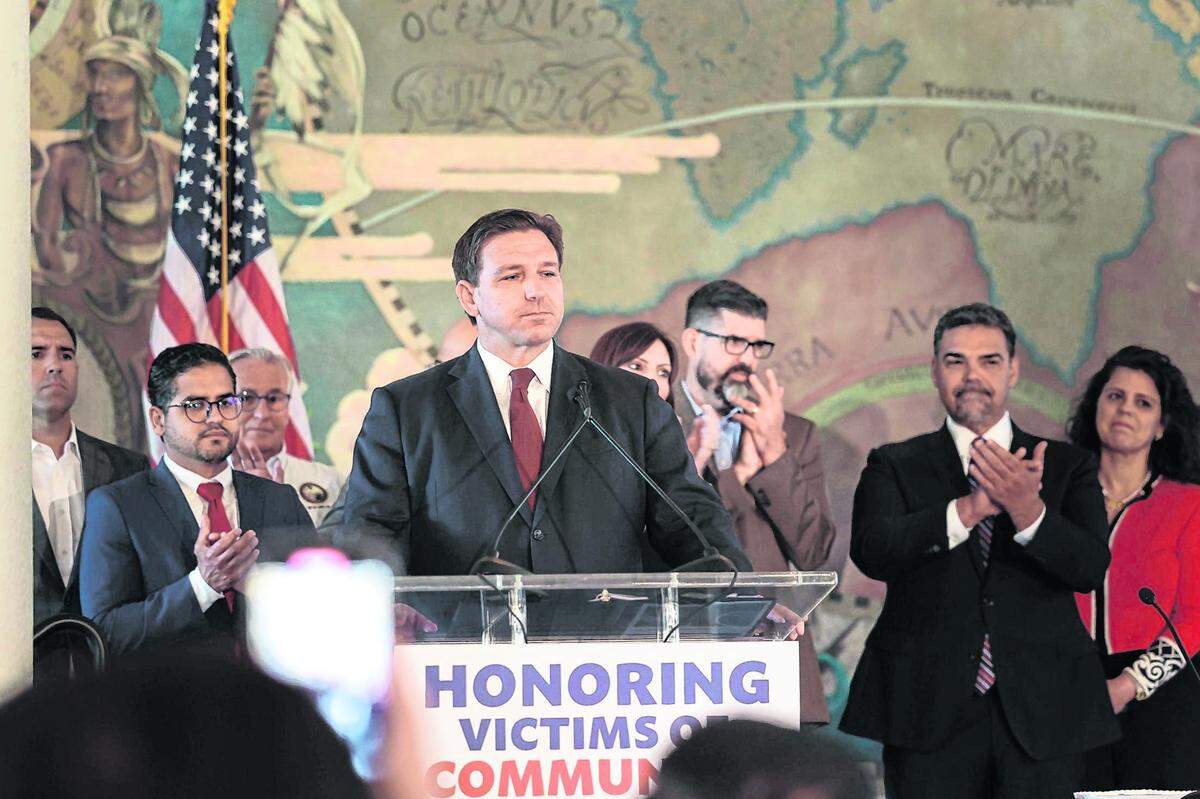 Gov. Ron DeSantis speaks during the Honoring the Victims of Communism press conference at the Freedom Tower in Miami on Monday, May 9, 2022.
