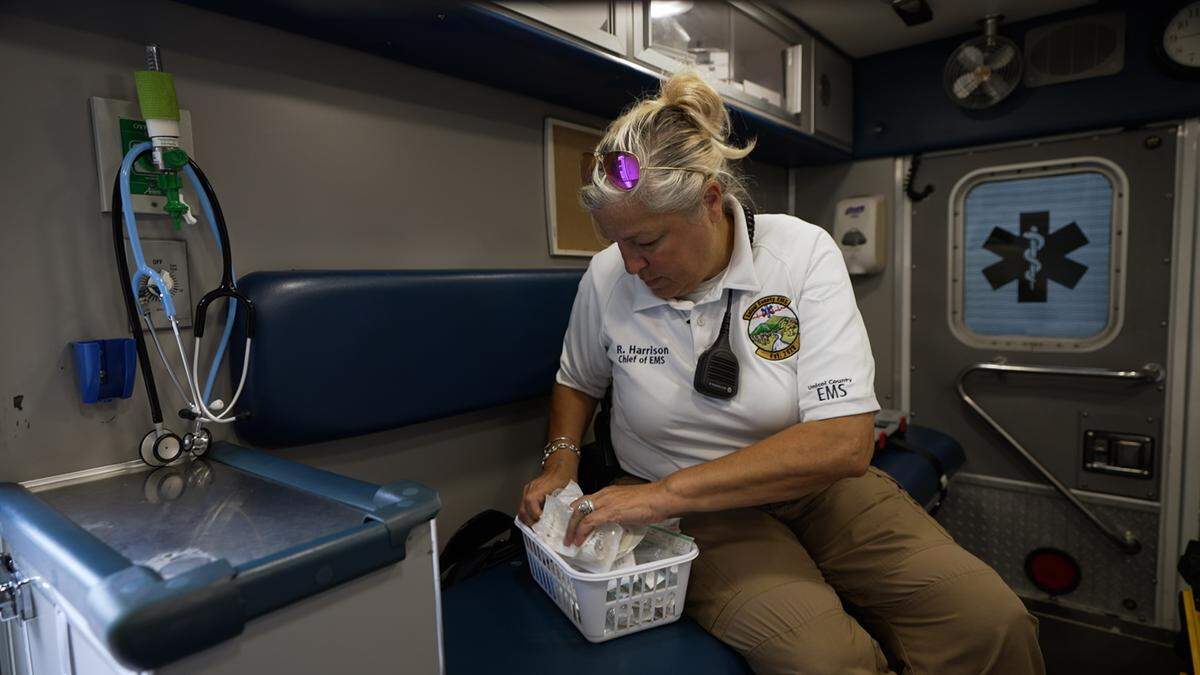 Rebecca Harrison, a paramedic, was rescued from the rooftop of Unicoi County Hospital in Erwin, Tennessee, during severe flooding caused by Hurricane Helene in September 2024. “I was never so happy to see helicopters,” she says.