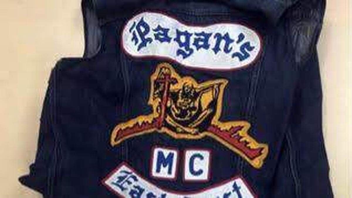 A Pagan’s motorcycle gang vest is displayed by the Monroe County Sheriff’s Office after an arrest of a suspected member in the Florida Keys.