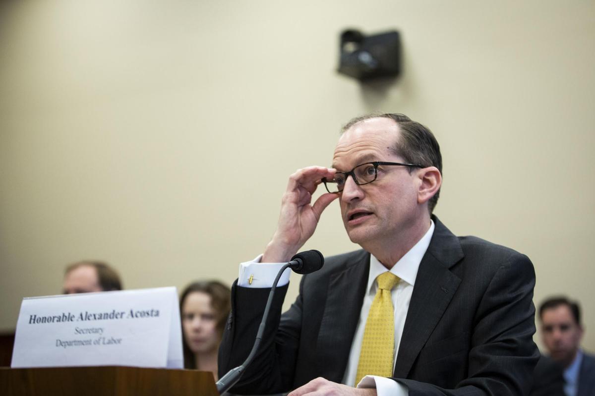 Labor Secretary Alexander Acosta testifies Wednesday, April 3, 2019, in Washington during a House Appropriations subcommittee hearing on the Labor Department budget for Fiscal Year 2020. He was also questioned on the Jeffrey Epstein case involving sex abuse of underage girls. He handled the case while U.S. attorney for Southern Florida.