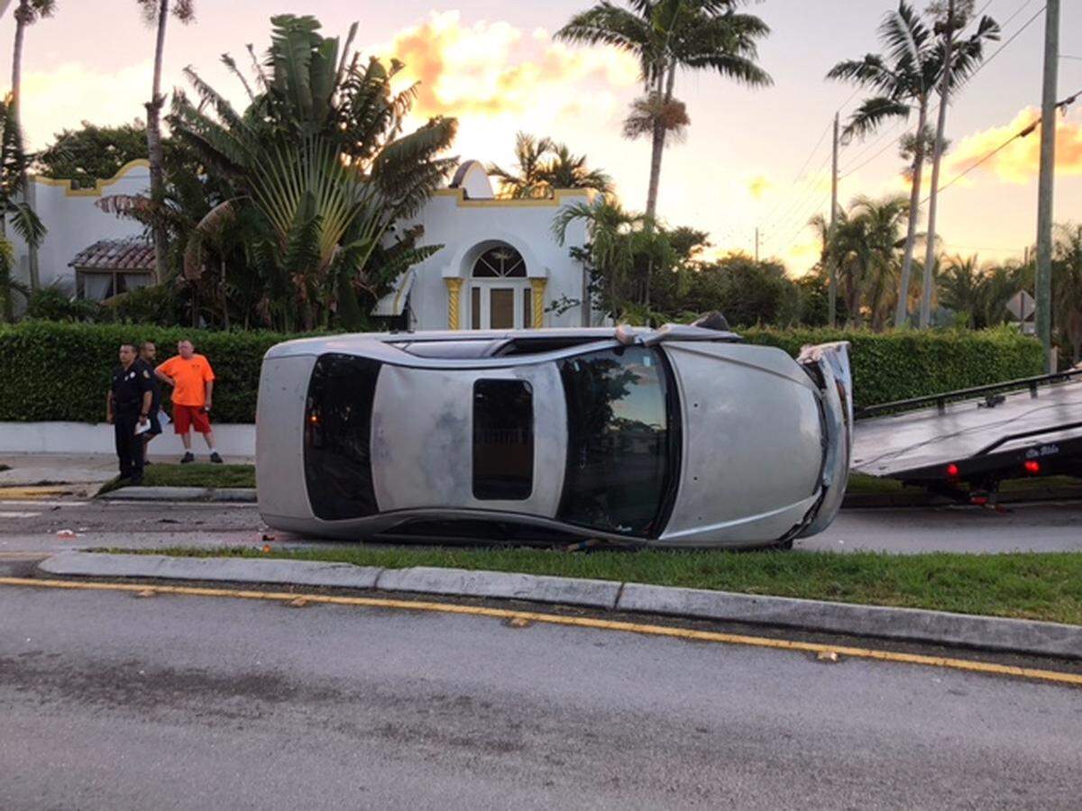 A rollover accident by a car driving too fast through the traffic circle on Southwest 24 Terrace near Southwest 18th Avenue in Miami’s Silver Bluff neighborhood, where residents seek relief from cut-through traffic.