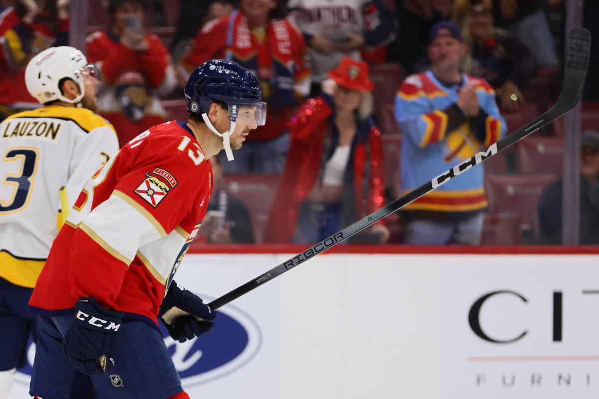 Florida Panthers center Sam Reinhart (13) looks on after scoring against the Nashville Predators during the first period of an NHL preseason game at Amerant Bank Arena in Sunrise, Florida, on Sunday, September 22, 2024.