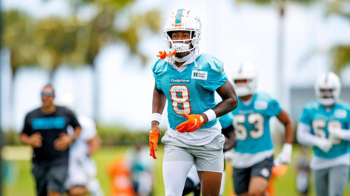 Miami Dolphins safety Jevon Holland (8) runs during NFL football training camp at Baptist Health Training Complex in Hard Rock Stadium on Thursday, September 1, 2022 in Miami Gardens, Florida.