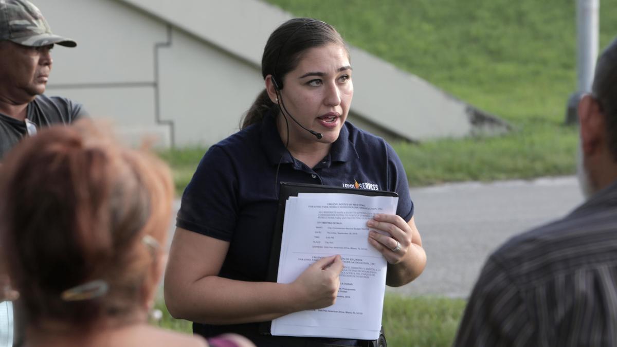 Attorney Nejla Calvo of Legal Services of Greater Miami, Inc. encouraged residents of the Paradise Mobile Home Park in Miami to speak to city commissioners about the potential demolition of their homes.