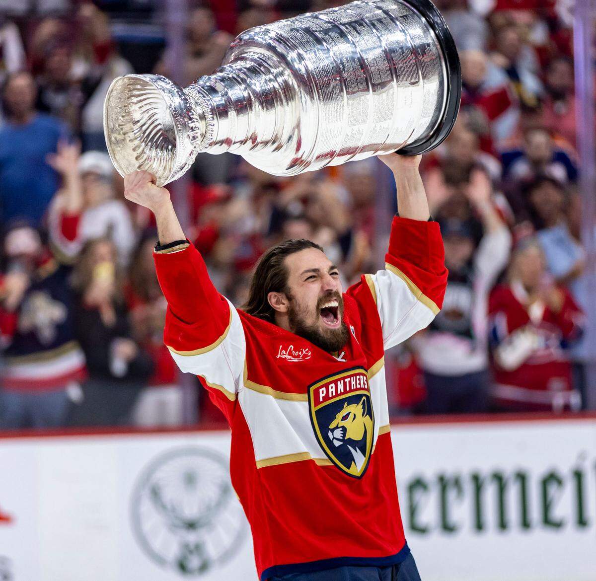 Sunrise, Florida, June 24, 2024 - Florida Panthers left wing Ryan Lomberg (94) celebrates the Panthers victory over the Edmonton Oilers in game 7 of the Stanley Cup Final.