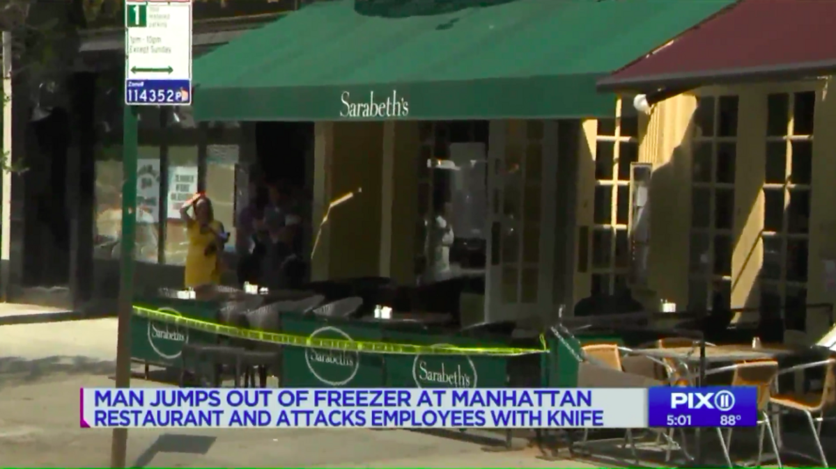 An unidentified man ran from the inside the Sarabeth’s restaurant deep freezer, grabbed a kitchen knife and tried to stab employees before passing out and dying of unknown causes, New York City police said.