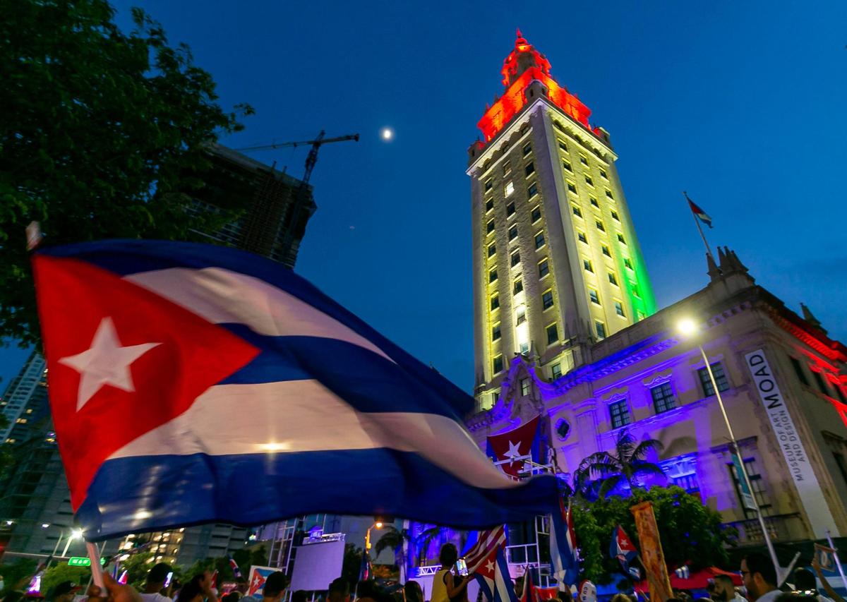 Activists participate in a rally at the Freedom Tower in downtown Miami on Saturday, July 17, 2021. The rally was held in solidarity with the protests happening in Cuba.