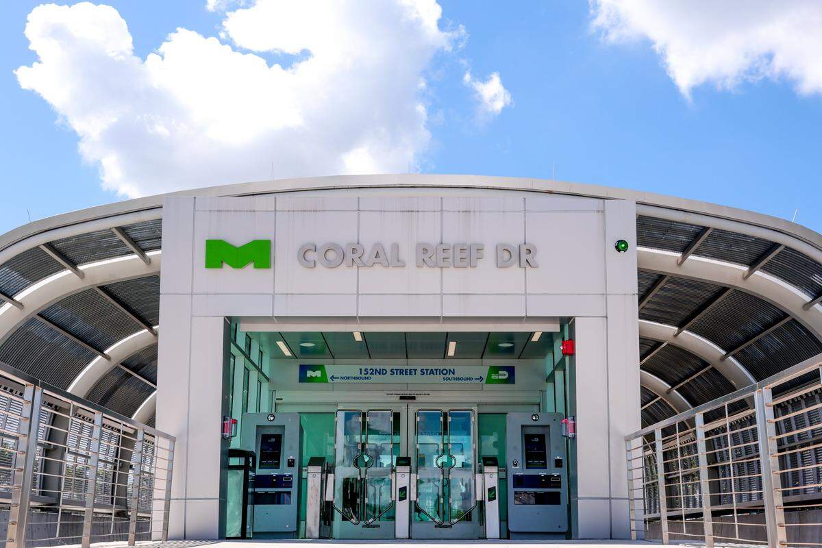A general view of the Metro Express BRT station entrance at SW 152nd Street on the South Dade TransitWay in Miami, Florida, Wednesday, October 1, 2025. 
