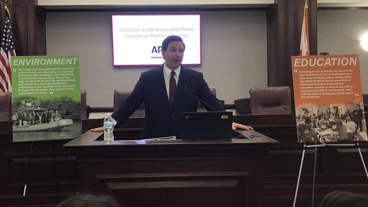 Florida Gov. Ron DeSantis outlines his priorities and answers reporters’ questions in the annual pre-legislative session in Tallahassee on Tuesday, Oct. 29, 2019.